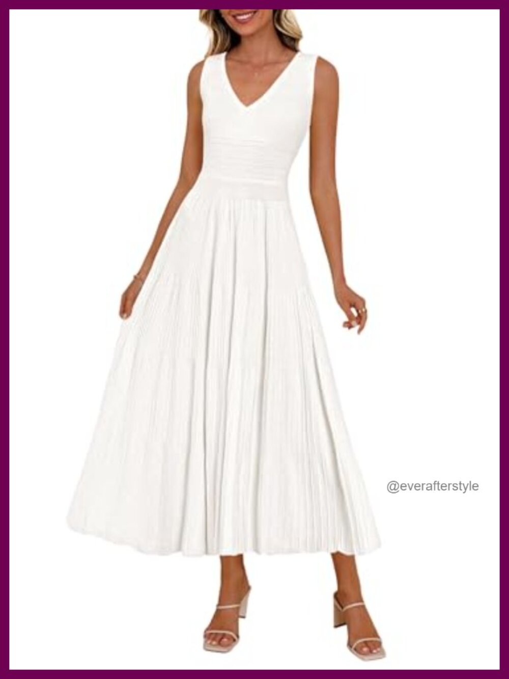 Women's V Neck Pleated Midi Dress Sleeveless A-Line Cocktail